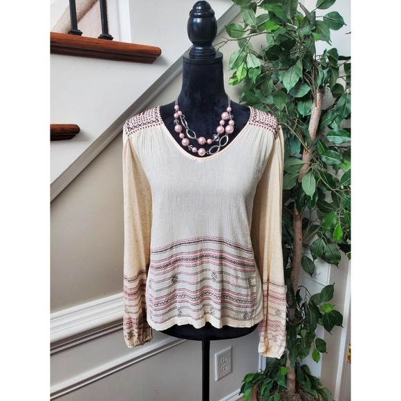 Lucky Brand Women Cream Polyester Round Neck Long Sleeve Pullover Blouse Size M - Picture 11 of 11